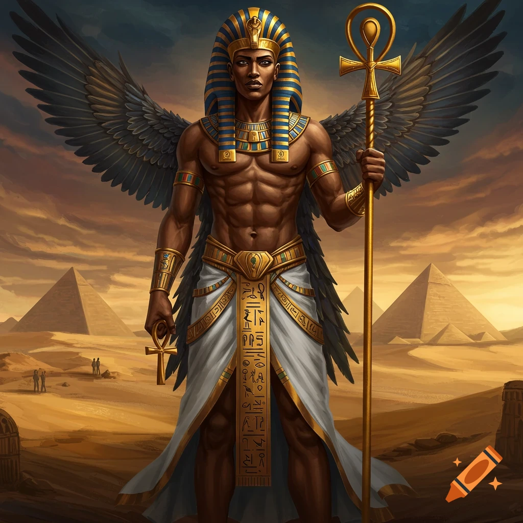 Illustration of a muscular winged figure in ancient Egyptian attire holding an ankh, standing in a desert with pyramids.