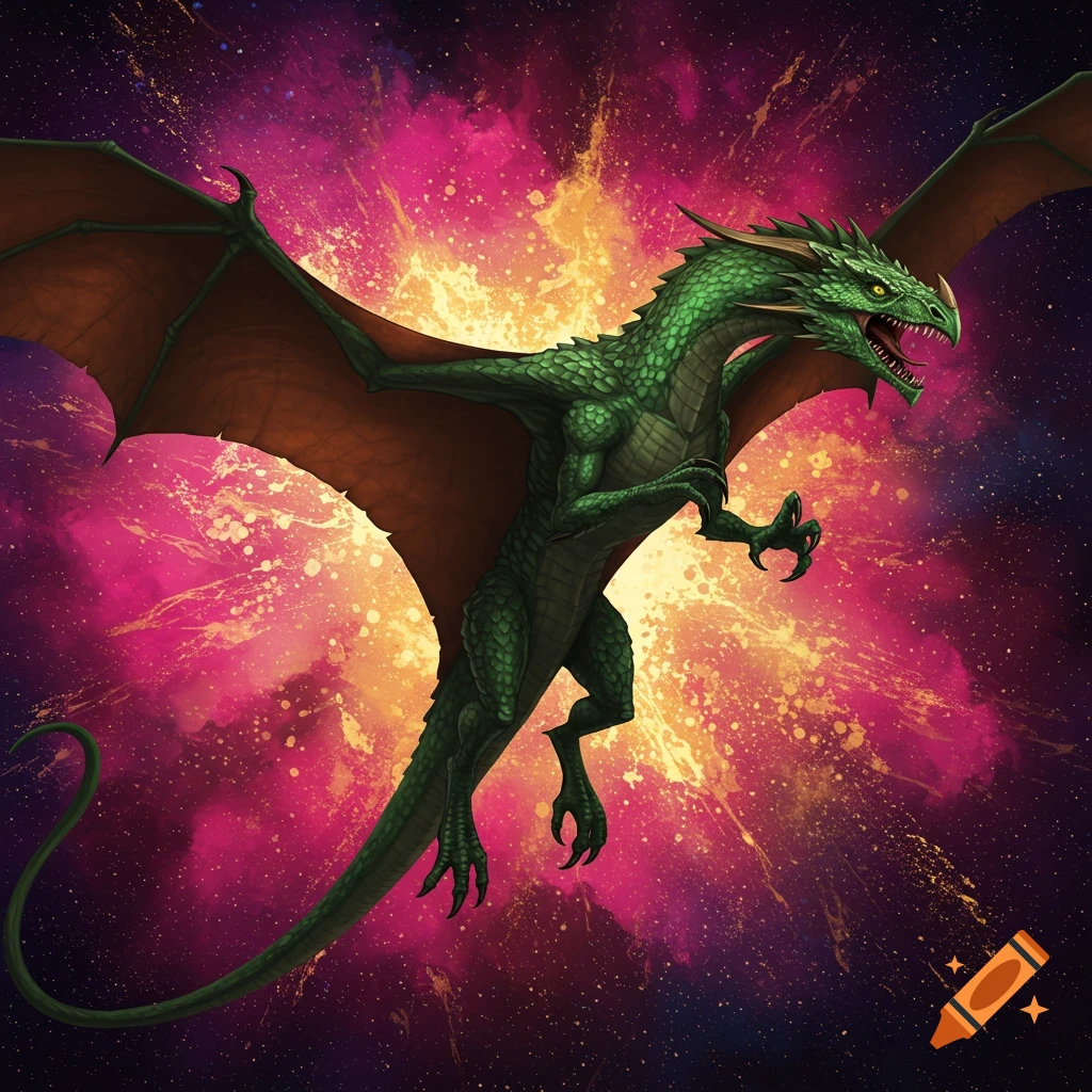 A green wyvern flies in front of a colorful pink and orange cosmic explosion.