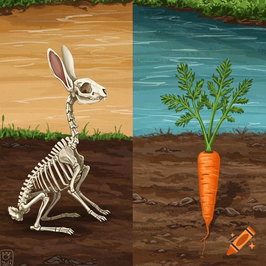 Stylized illustration of a rabbit skeleton on one river bank and a carrot growing on the opposite bank.