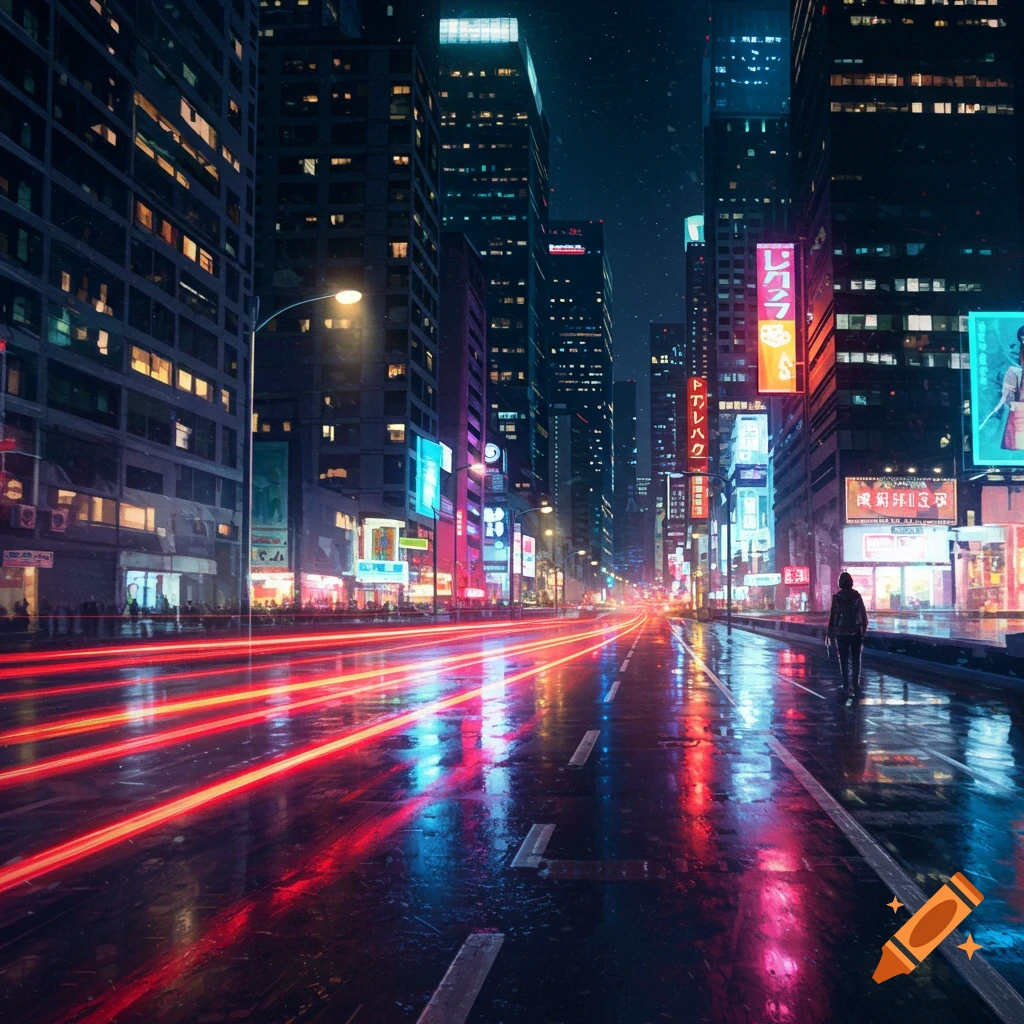 Nighttime city street with tall buildings, neon signs reflected on wet pavement, and red car light trails.