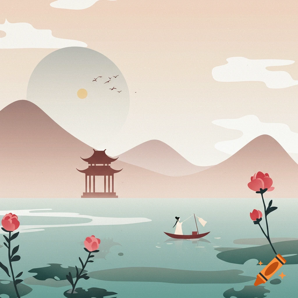 Minimalist Chinese landscape with mountains, pagoda, boat on water, birds, and pink flowers in soft colors.