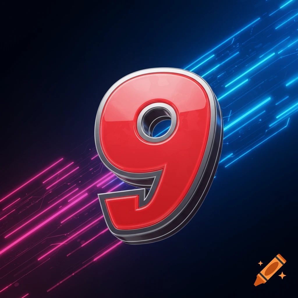 Stylized red number 9 against a dark background with glowing tech lines