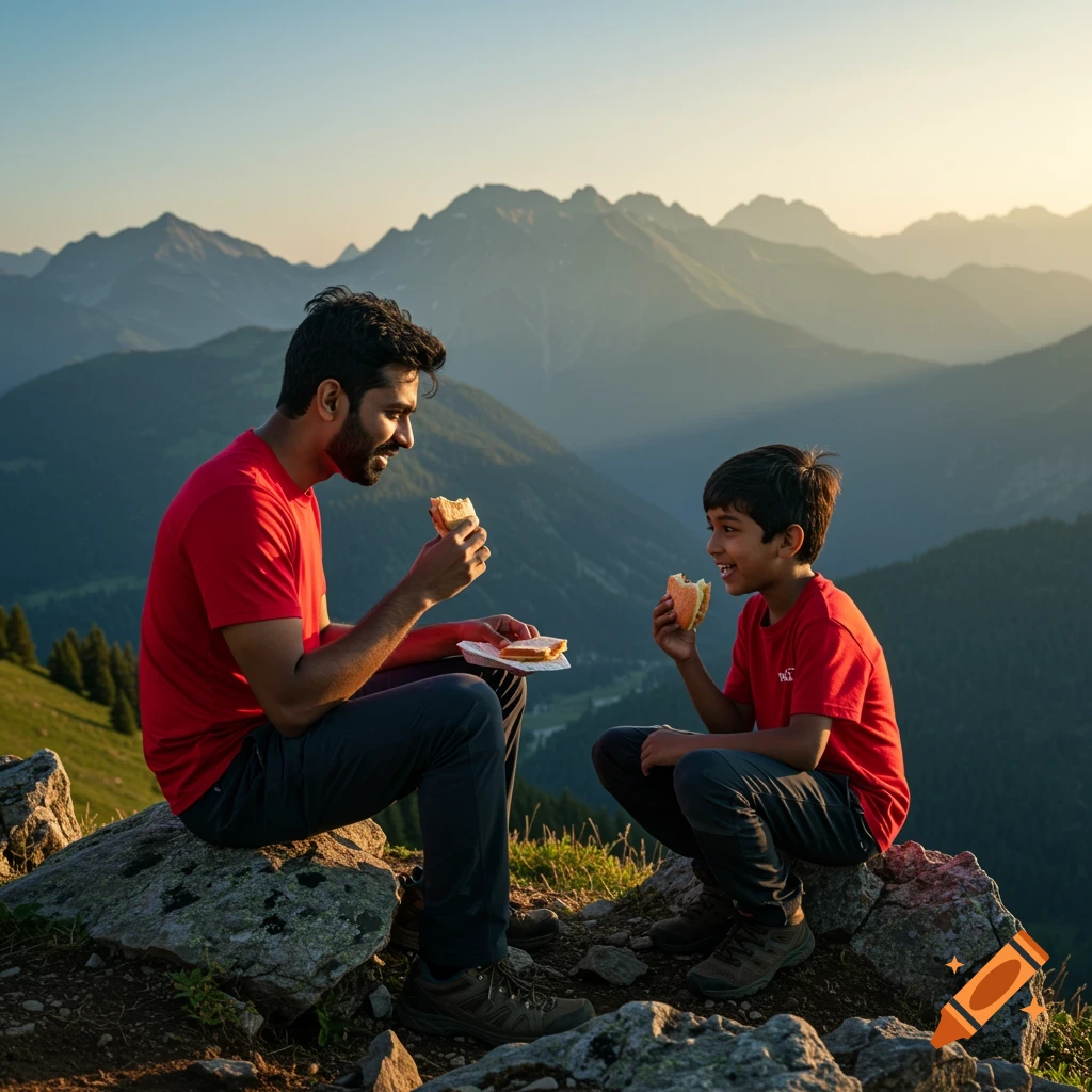 A father and son in red shirts eat sandwiches while sitting on rocks on a mountain overlooking a valley at sunset.