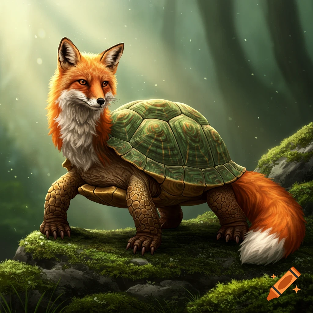 Fantasy creature combining a fox head and tail with a turtle body, sitting on a mossy rock in a forest.