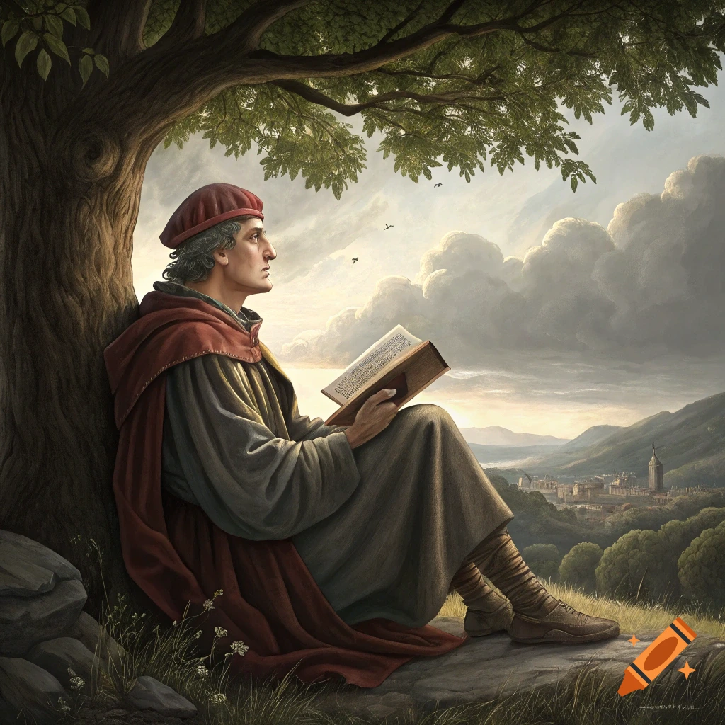 Man in historical attire reading a book under a tree, overlooking a valley, in a classical painting style.