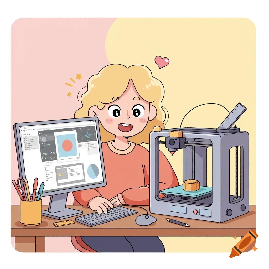 Cartoon illustration of a person at a desk with a computer and a 3D printer.