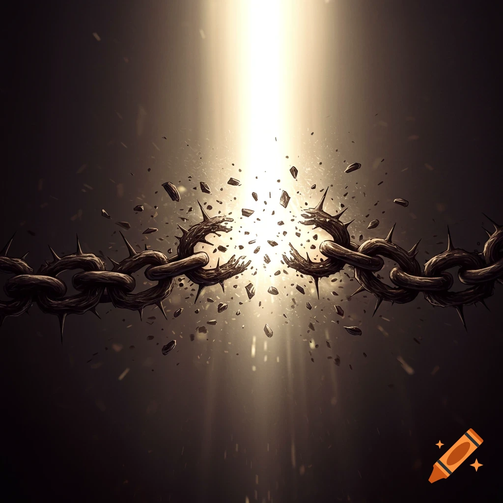 A chain made of thorns breaks in the center with light radiating outwards and debris flying.