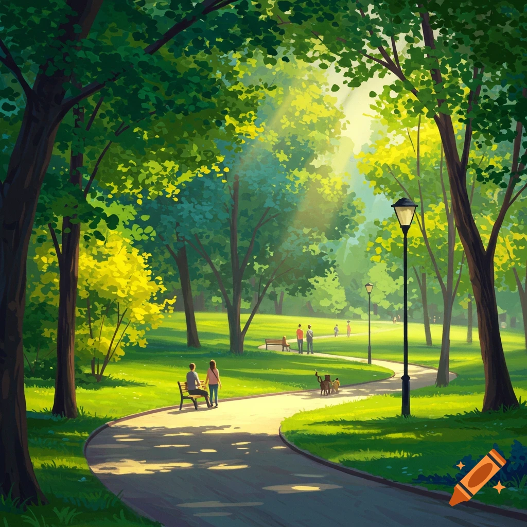 Illustrated park scene with sunlight dappling through trees on paths, with people walking and sitting.