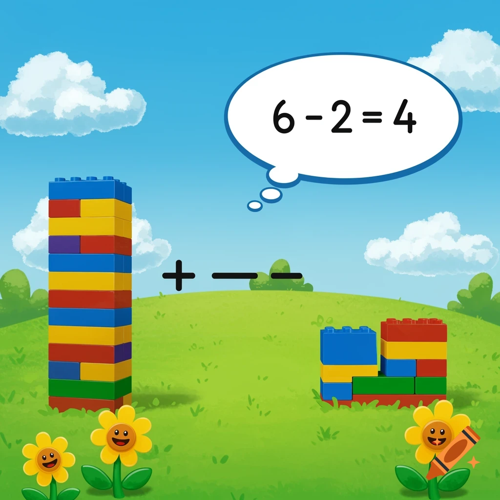 Cartoon image of Lego towers demonstrating subtraction, with a thought bubble showing the equation 6-2=4 and smiling flowers.