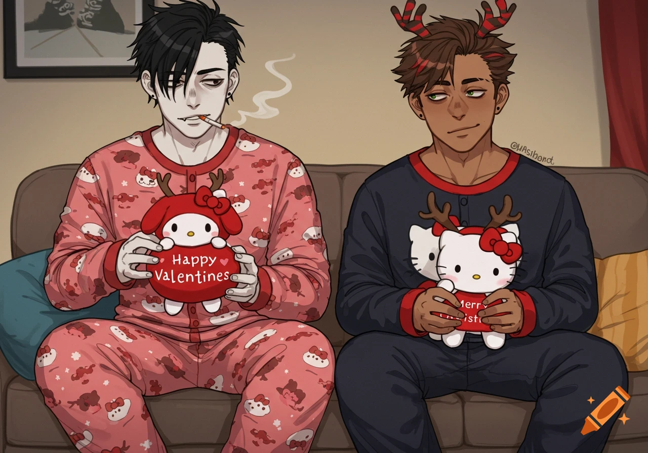 Illustration of two men in pajamas on a couch, holding Valentine's and Christmas plushies.