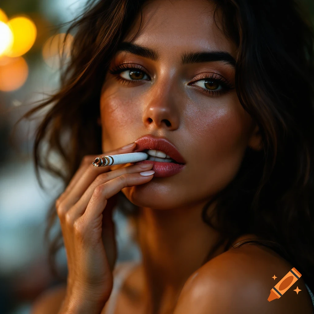 Close-up photorealistic portrait of a woman holding a cigarette to her lips.