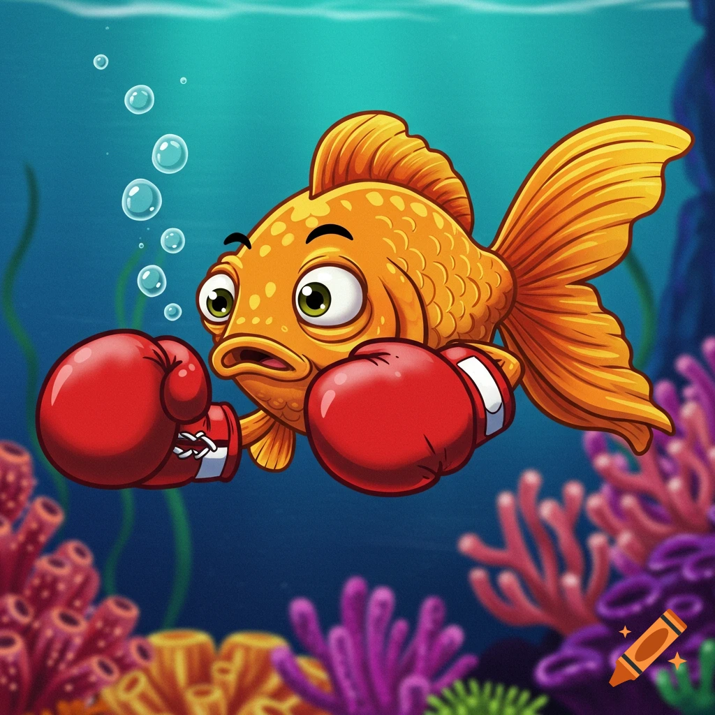 Cartoon goldfish wearing boxing gloves underwater