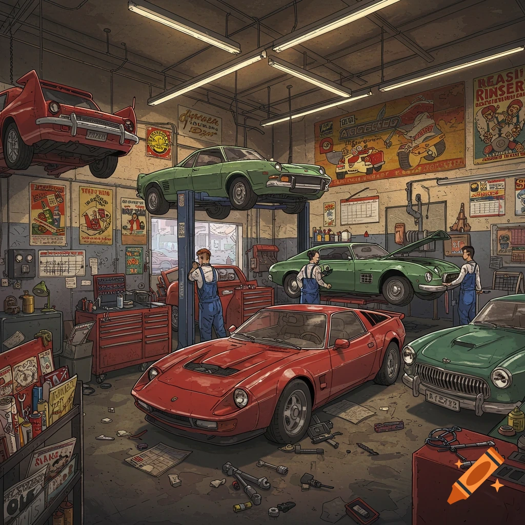 An illustration of an auto repair shop with classic cars on lifts and mechanics working.