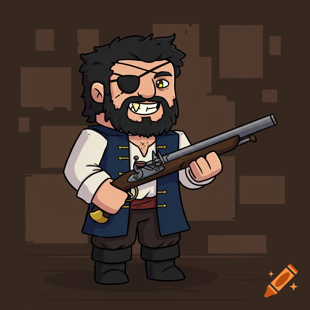 A blocky cartoon pirate holding a flintlock pistol.
