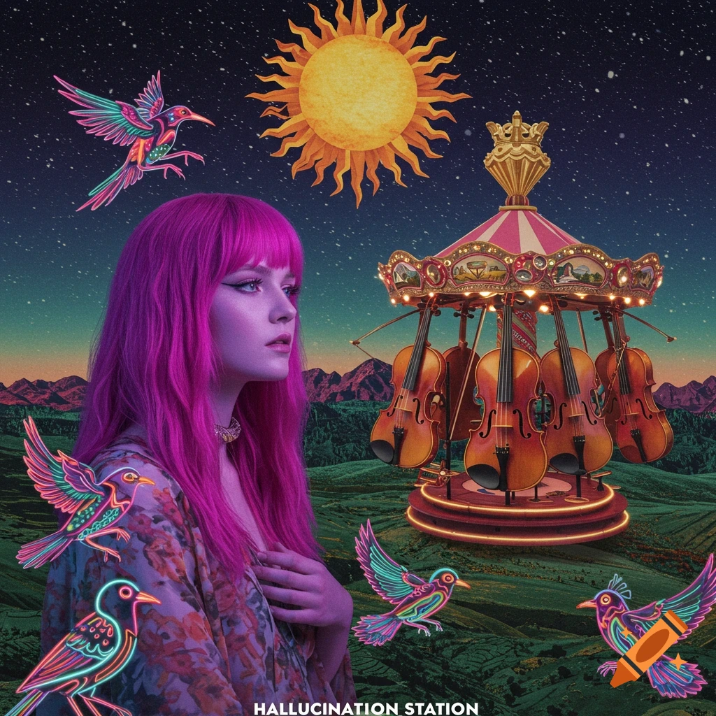 Surreal collage of a woman with pink hair, neon birds, violin carousel, sun, starry sky, and text.