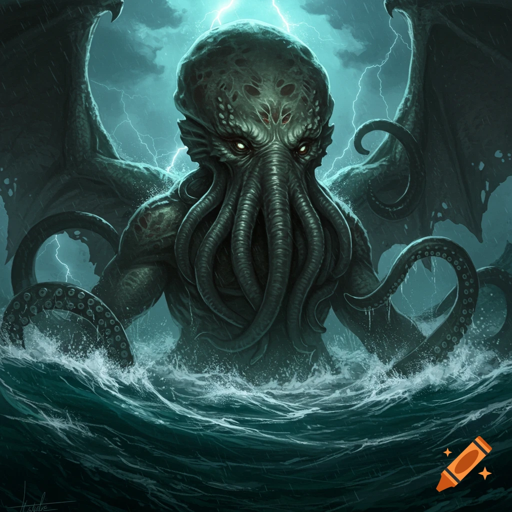 Cthulhu, a winged tentacled monster, rises from a stormy sea with lightning.