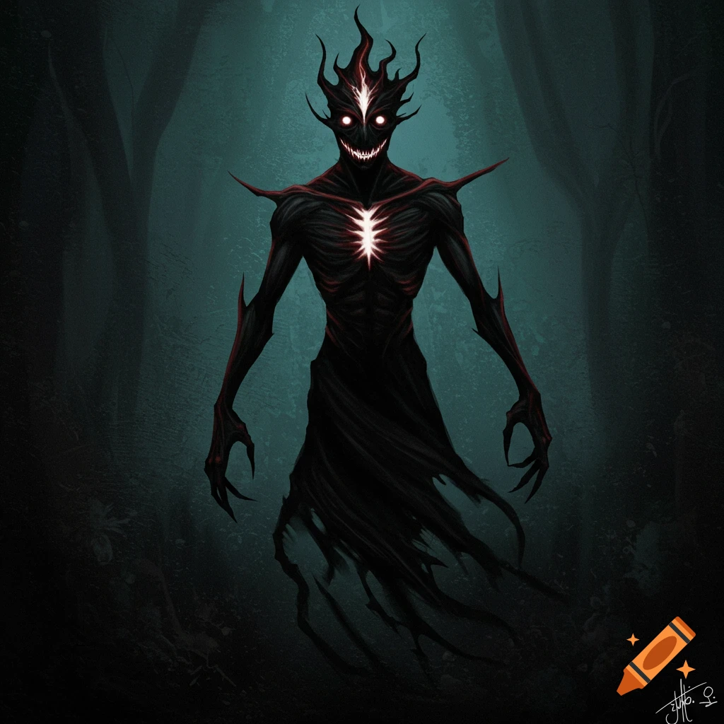 Dark fantasy creature with glowing eyes and chest in a forest.