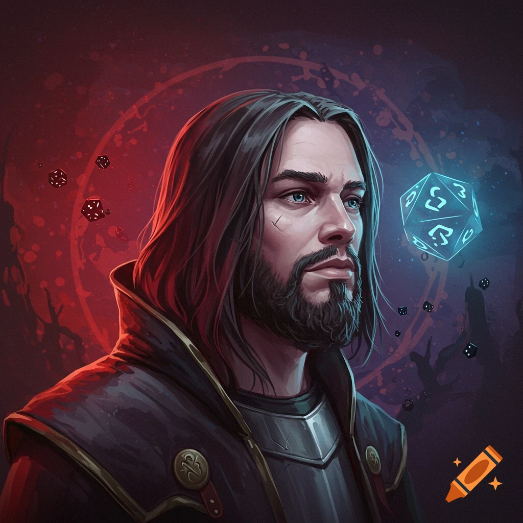 A fantasy portrait of a man with long hair and beard, wearing armor, with glowing dice floating around him.