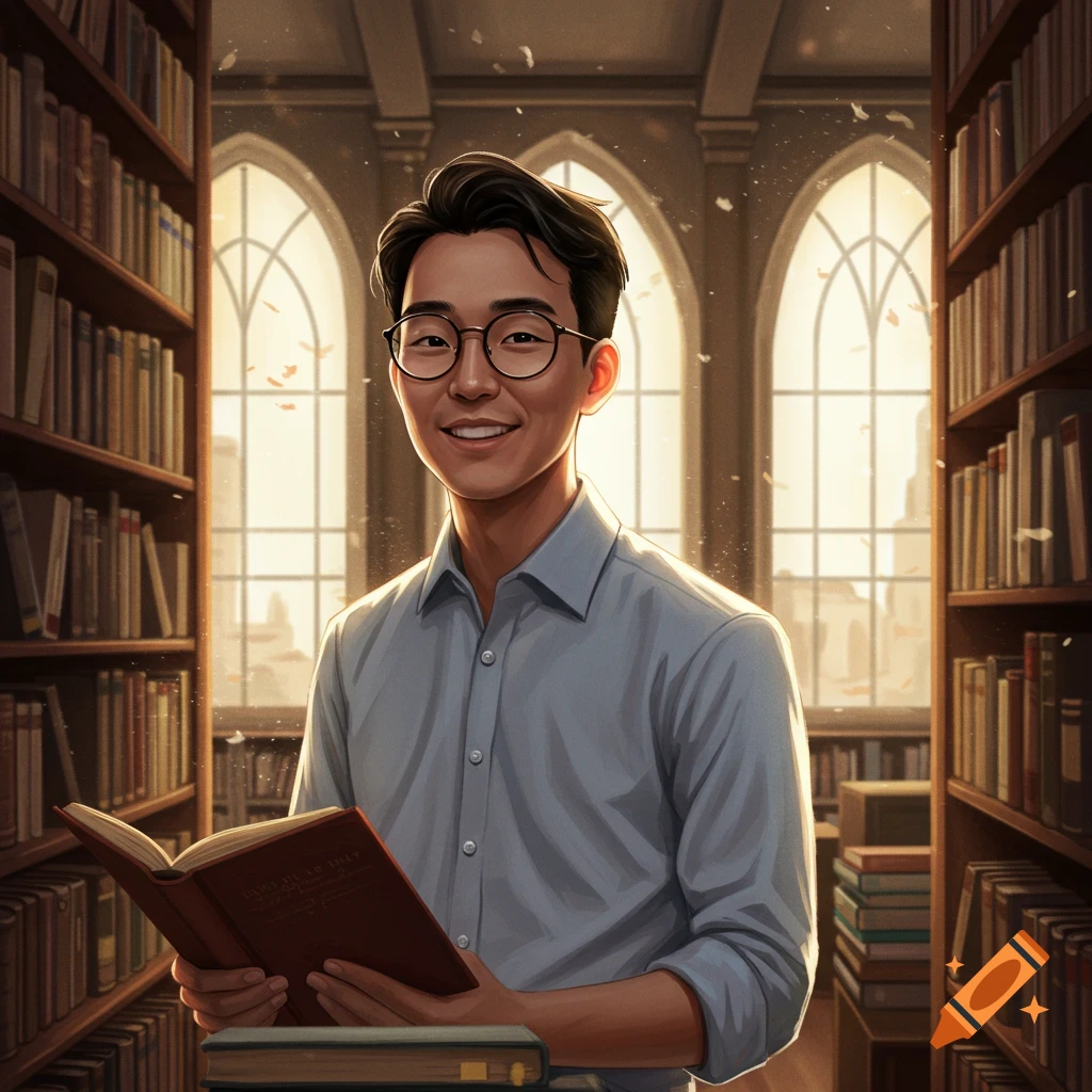 A man with glasses reads a book in a sunlit library.