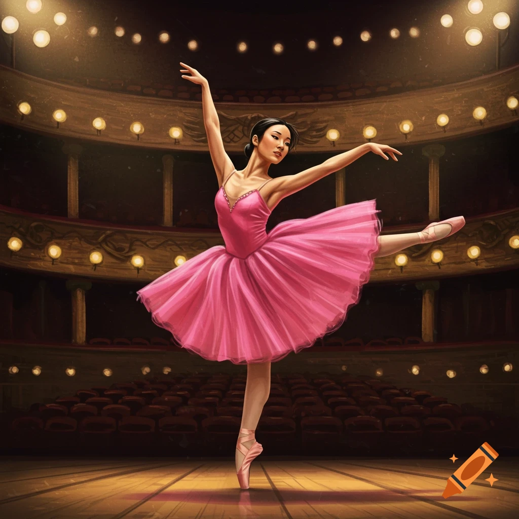 Ballerina in pink tutu dancing on stage illustration