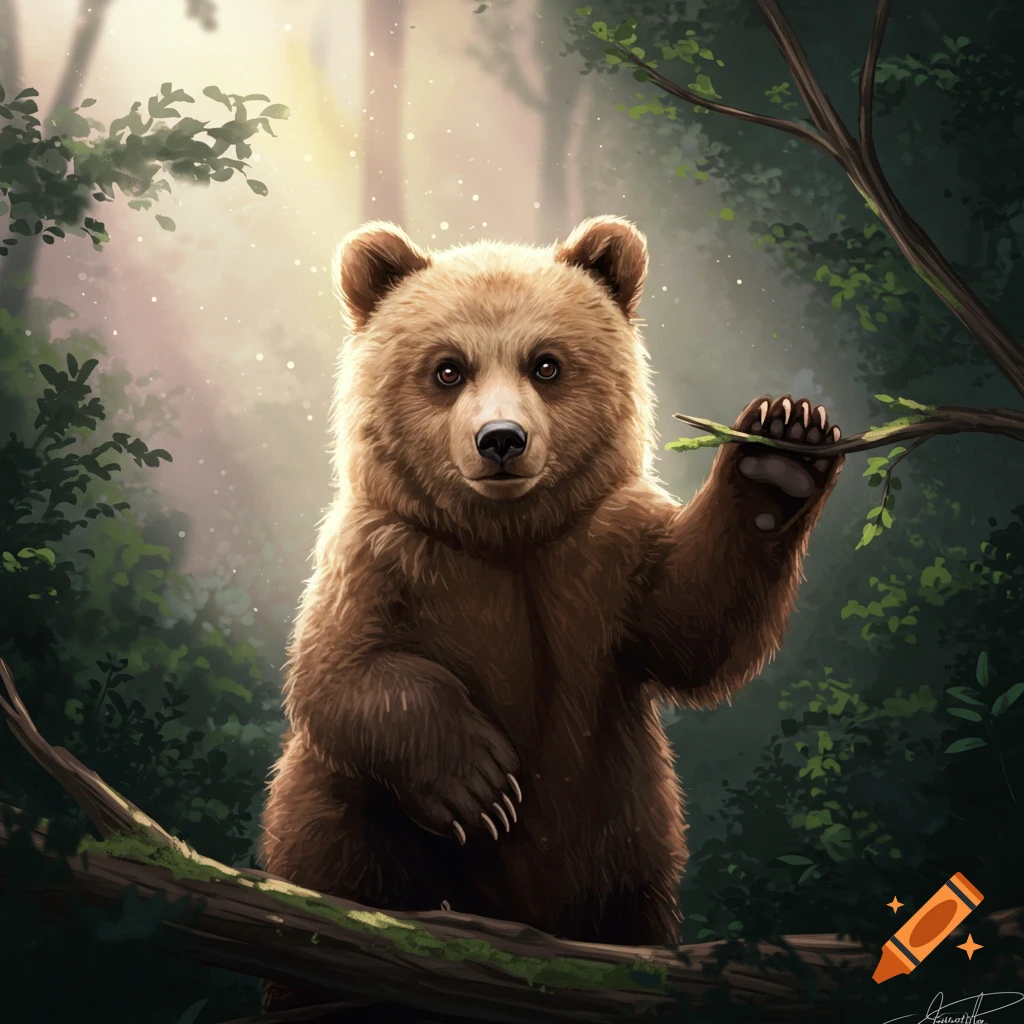 A brown bear cub stands in a forest, holding a leafy branch. Digital illustration.