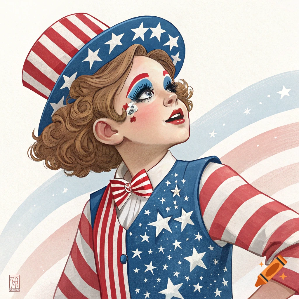 Illustration of a person in an American flag hat and vest with drag queen makeup looking up.