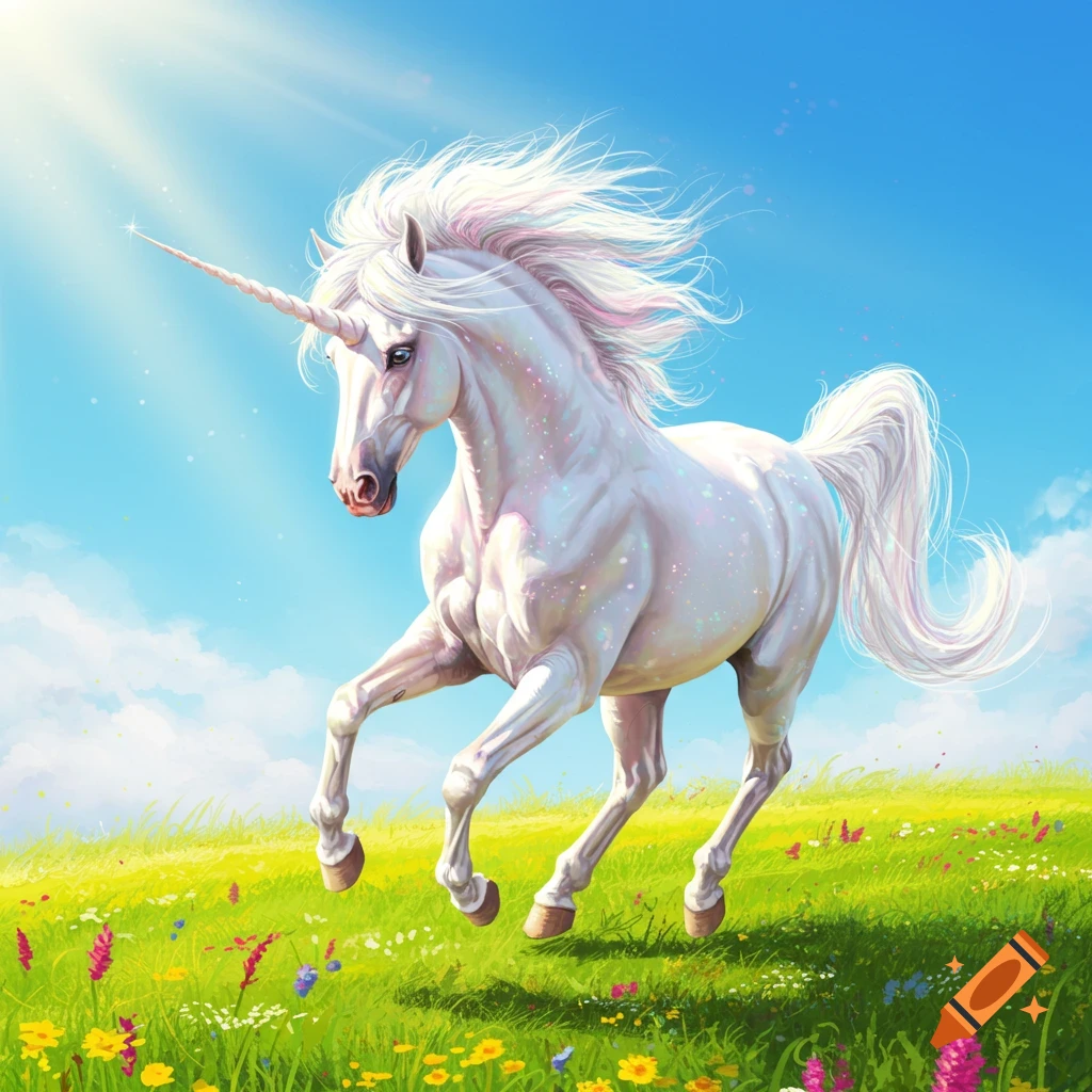 A white unicorn with a flowing mane gallops through a green meadow under a bright blue sky.