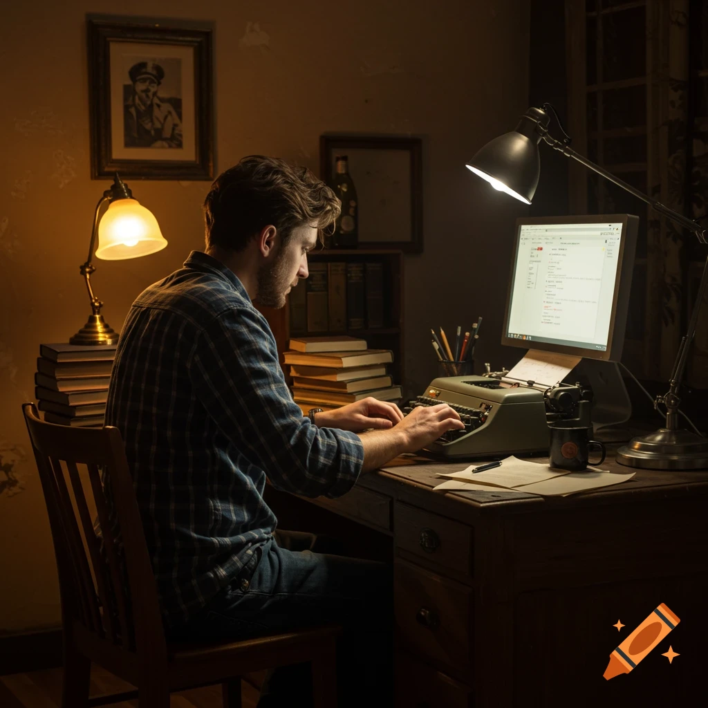 A man sits at a desk typing on a computer and typewriter in a dimly lit study.