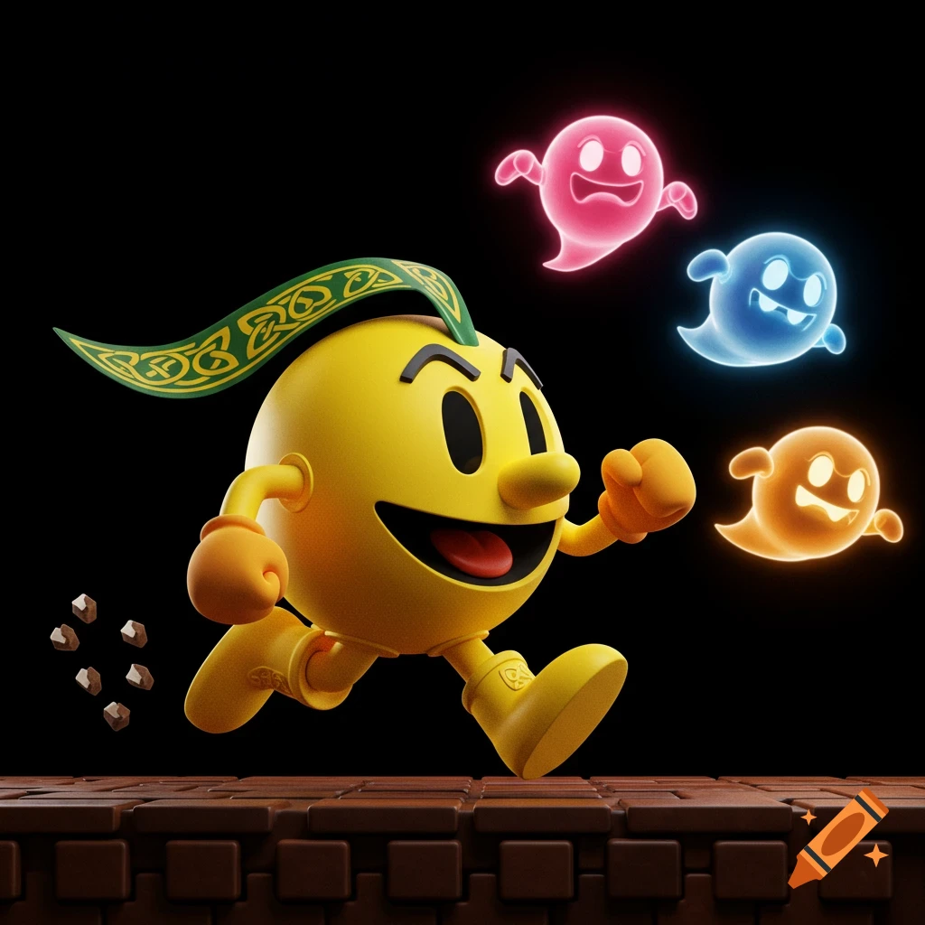 3D rendering of Pac-Man running on a brown platform with three colorful ghosts behind him.