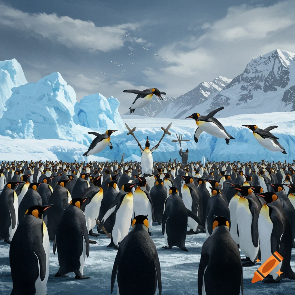 A large group of king penguins gathered on ice and snow in an arctic landscape. Some penguins in the front appear to be holding simple stick crosses as weapons, while several penguins are shown jumping or flying above the crowd.