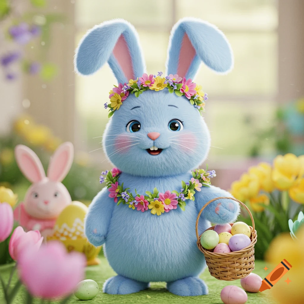 A fluffy blue Easter bunny wearing a flower crown holds a basket of colorful eggs in a field.