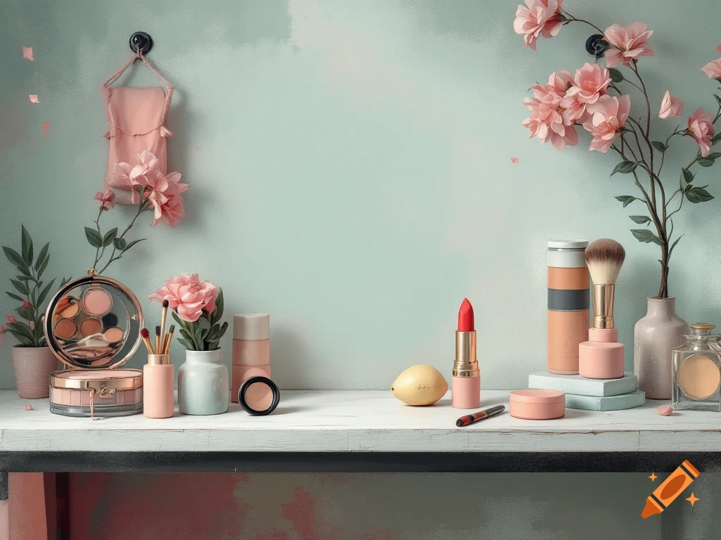 Pastel makeup products, brushes, and flowers on a shelf in an aesthetic coquette style.