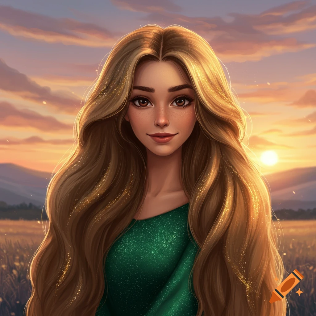 Digital art portrait of a girl with long blonde hair in a field at sunset.