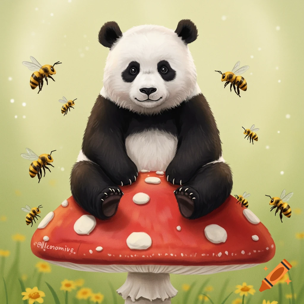 Cute illustration of a panda sitting on a large mushroom surrounded by bees and flowers.