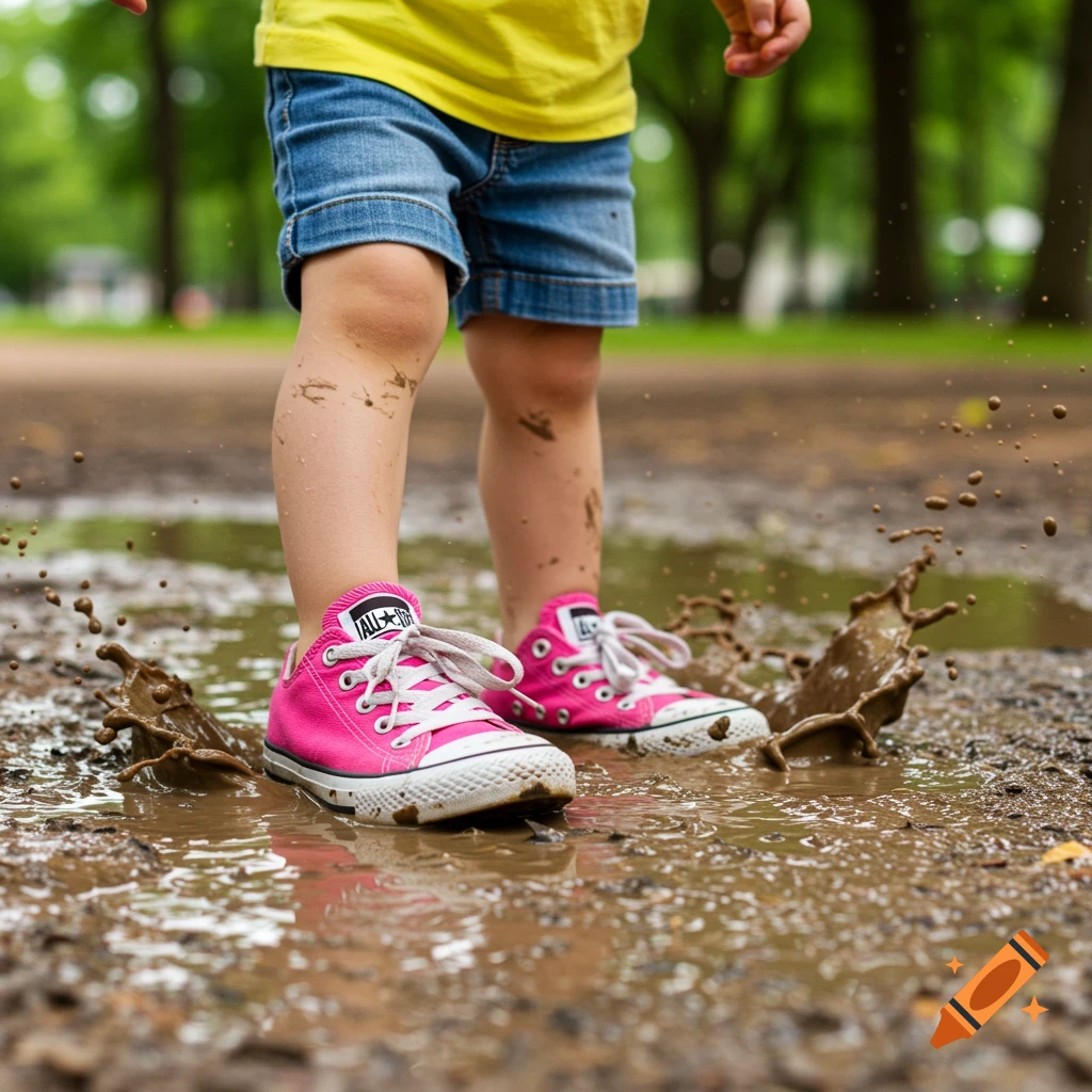 Close-up of a child's legs and pink sneakers splashing in a muddy puddle.