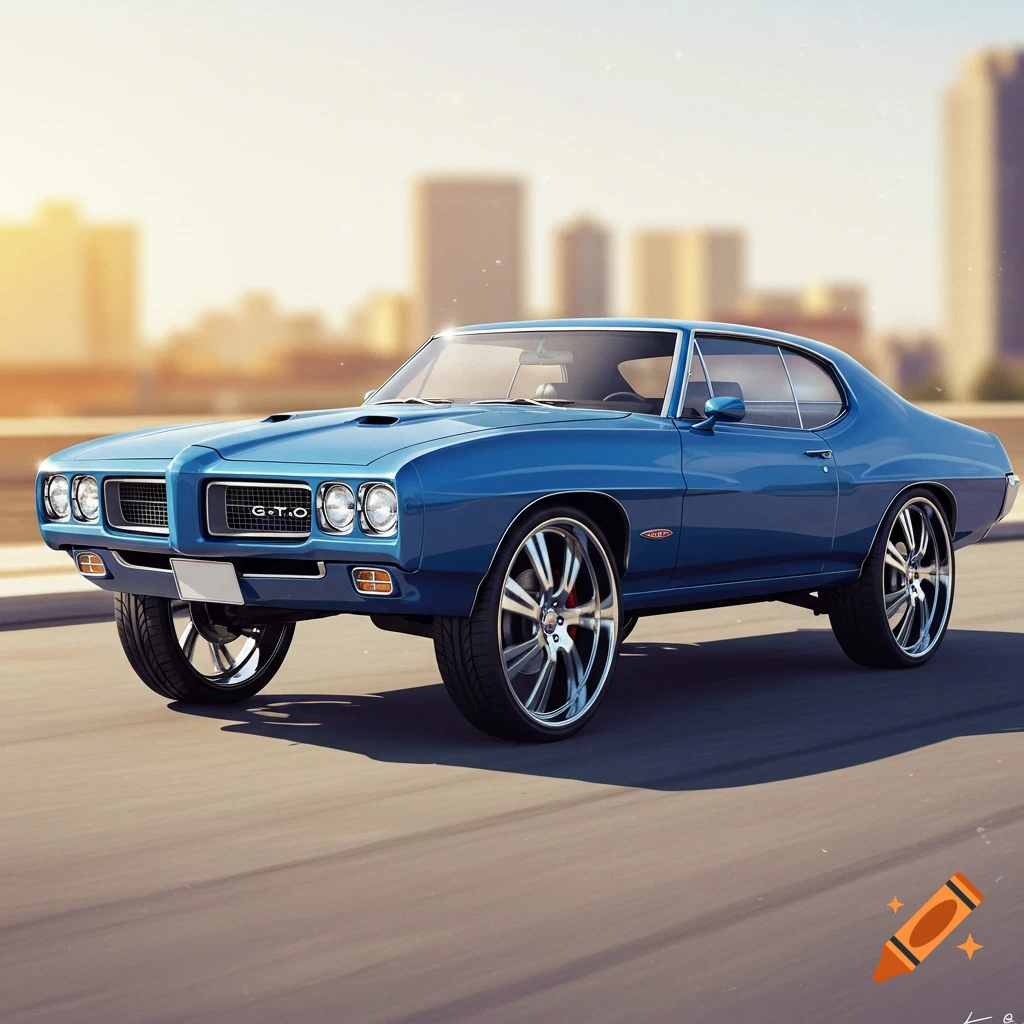 A blue 1970 Pontiac GTO with large rims drives on a road with a city skyline in the background.
