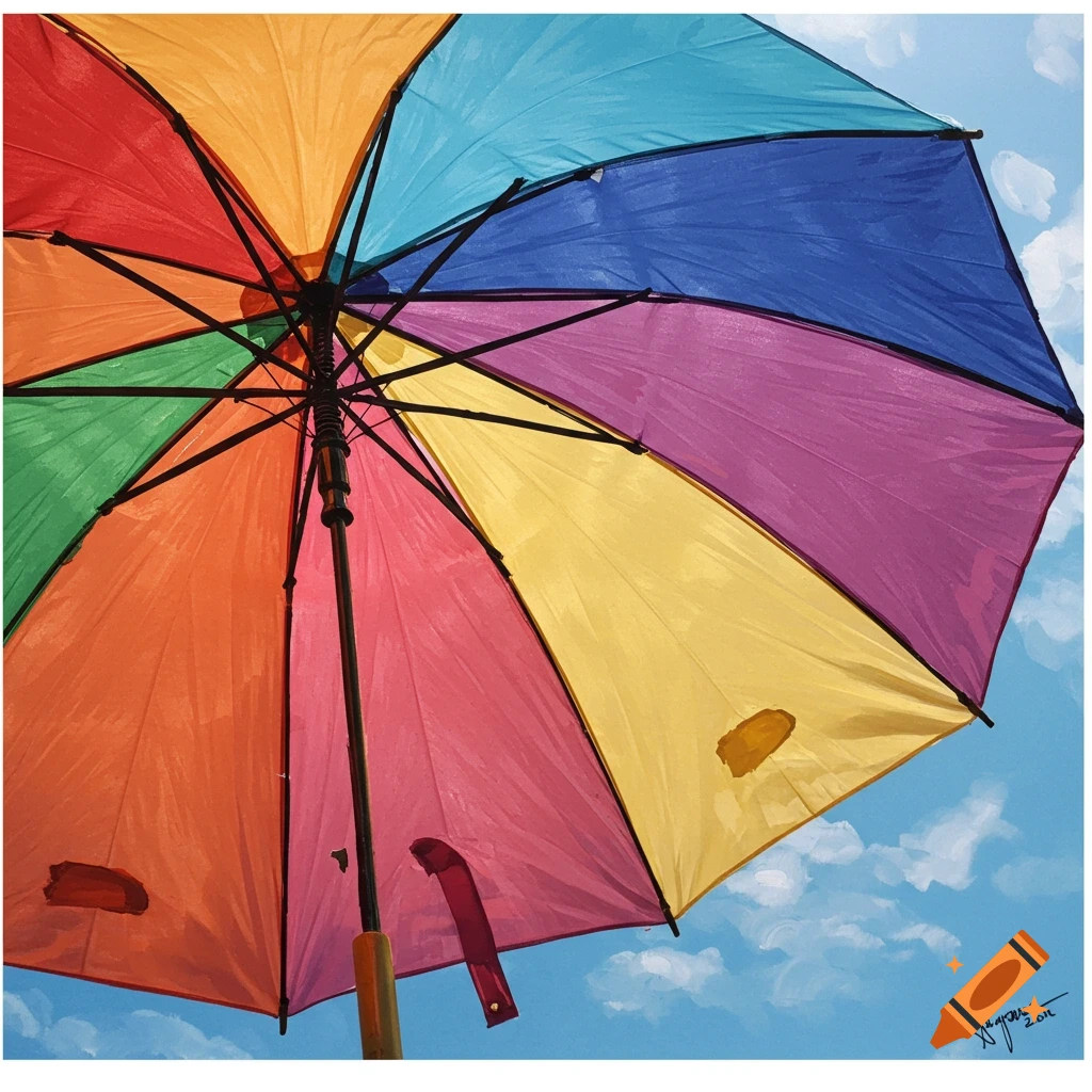 View looking up at a colorful umbrella against a blue sky with clouds.