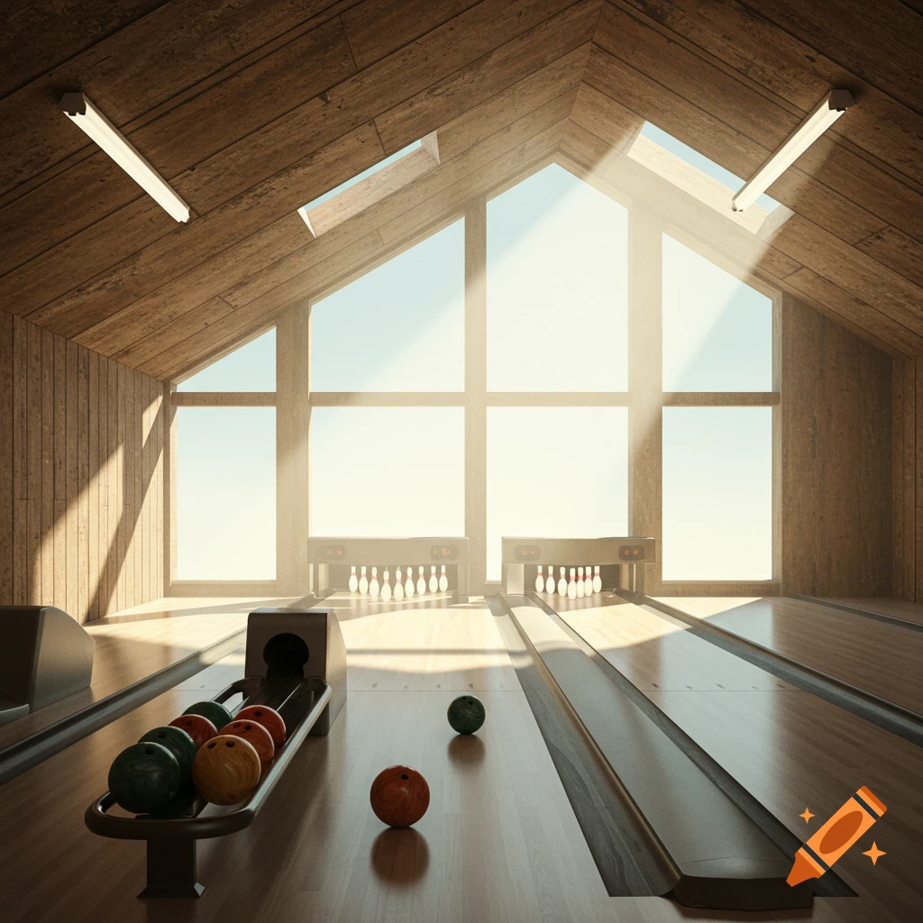 Interior of a bowling alley with two lanes, bowling balls, pins, large bright windows, and a wooden ceiling.