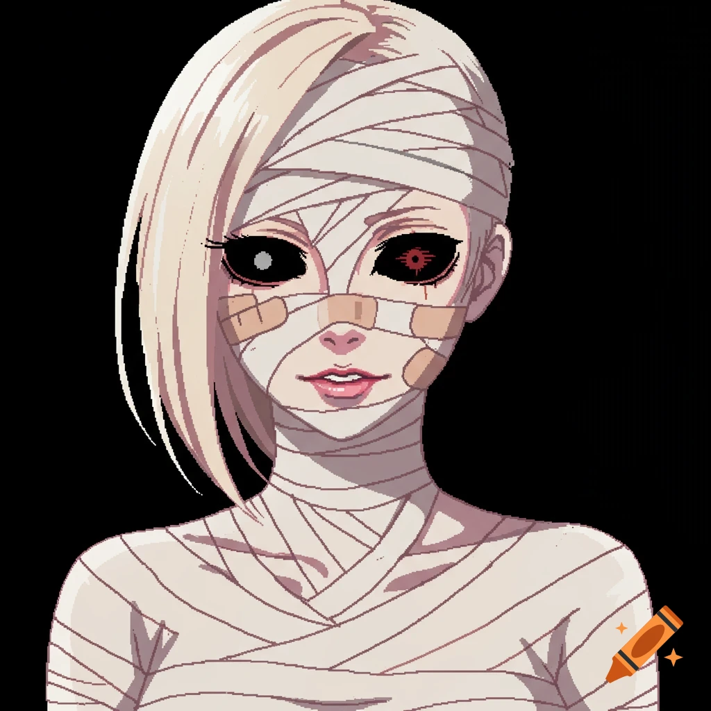 Pixel art portrait of a character wrapped in bandages with dark eyes against a black background.
