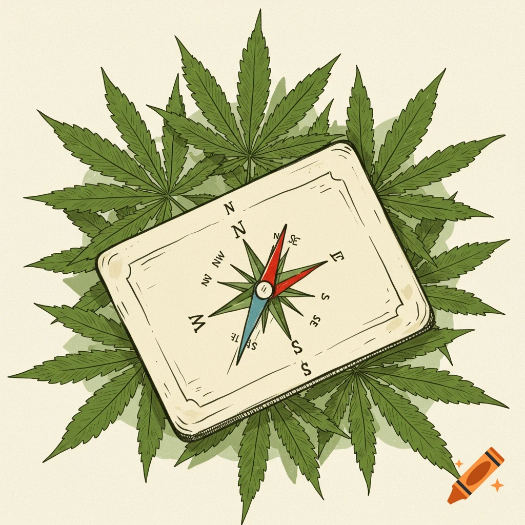 An illustration of a compass surrounded by green cannabis leaves.