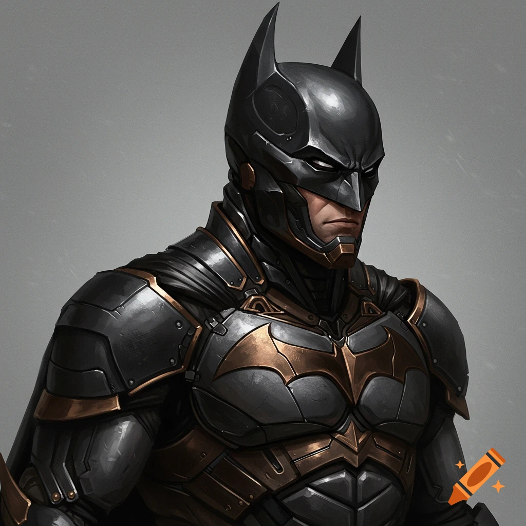 Close-up portrait of Batman in a detailed, dark armored suit with gold accents.