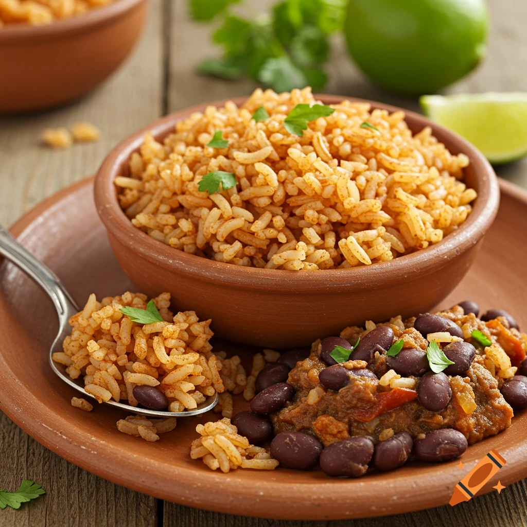 Mexican rice and beans on a terracotta plate with a spoon and lime