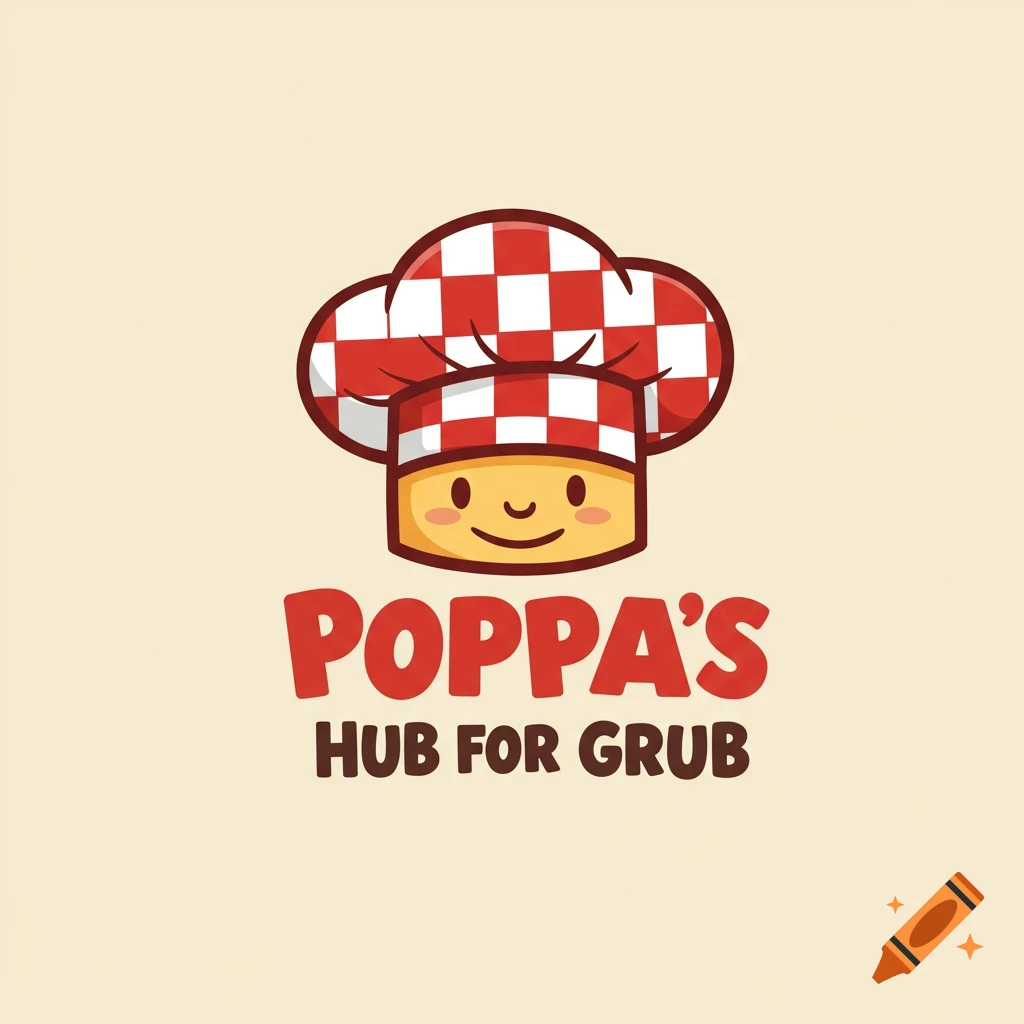 Cartoon logo of a chef character and the text 'POPPA'S HUB FOR GRUB'.