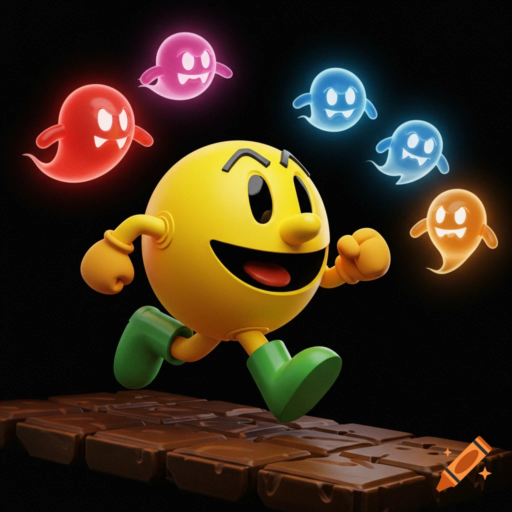 3D rendering of Pac-Man running from colored ghosts on a brown platform.