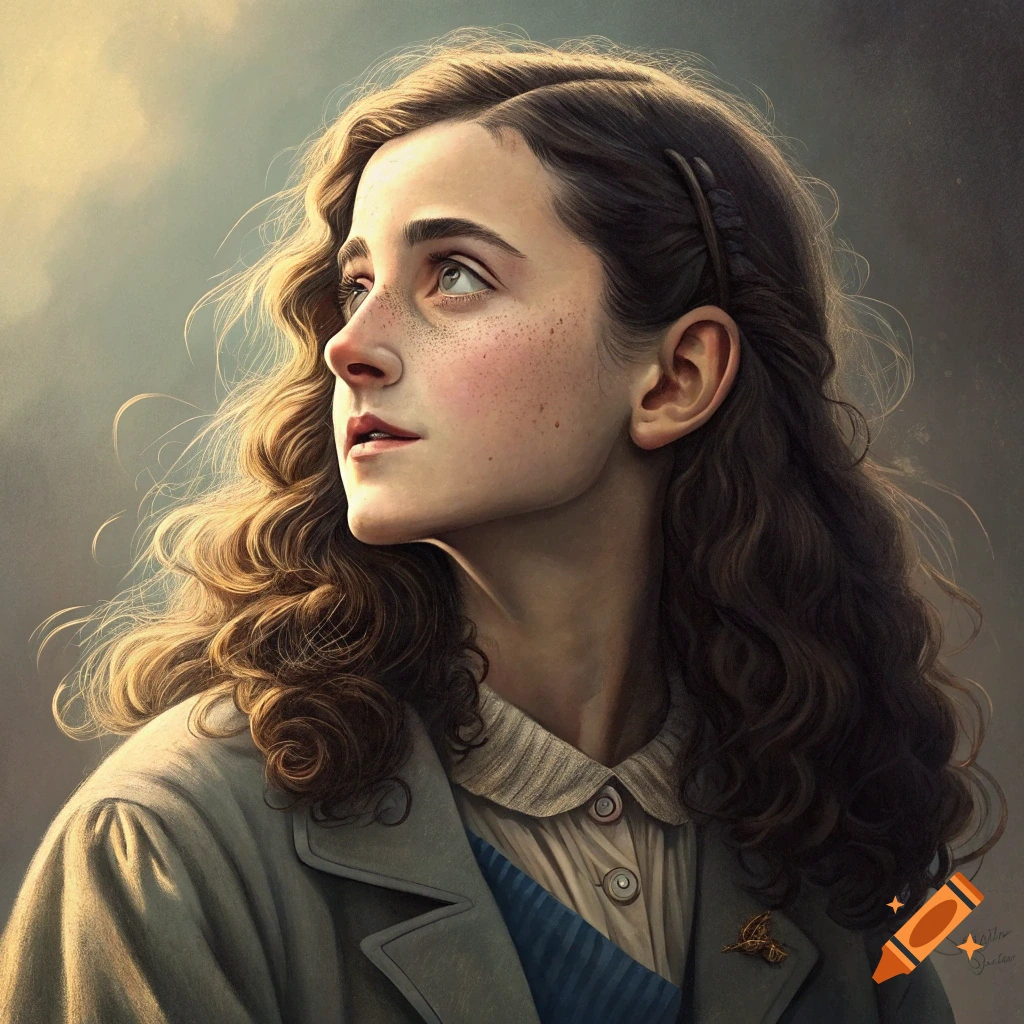 Portrait of a young woman with long curly hair and freckles looking up