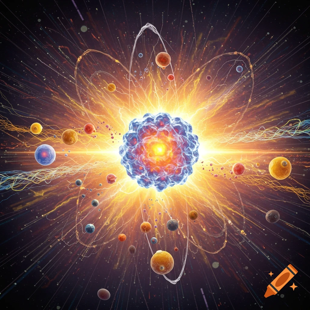 Abstract illustration of an atom or molecular structure with orbiting particles and energy trails in space.