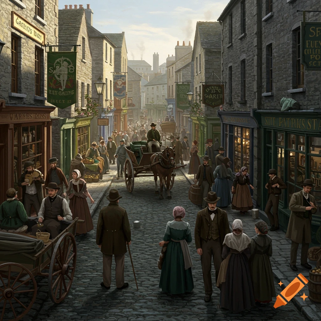 Detailed illustration of a busy 19th-century street scene with people, shops, and a horse-drawn carriage.