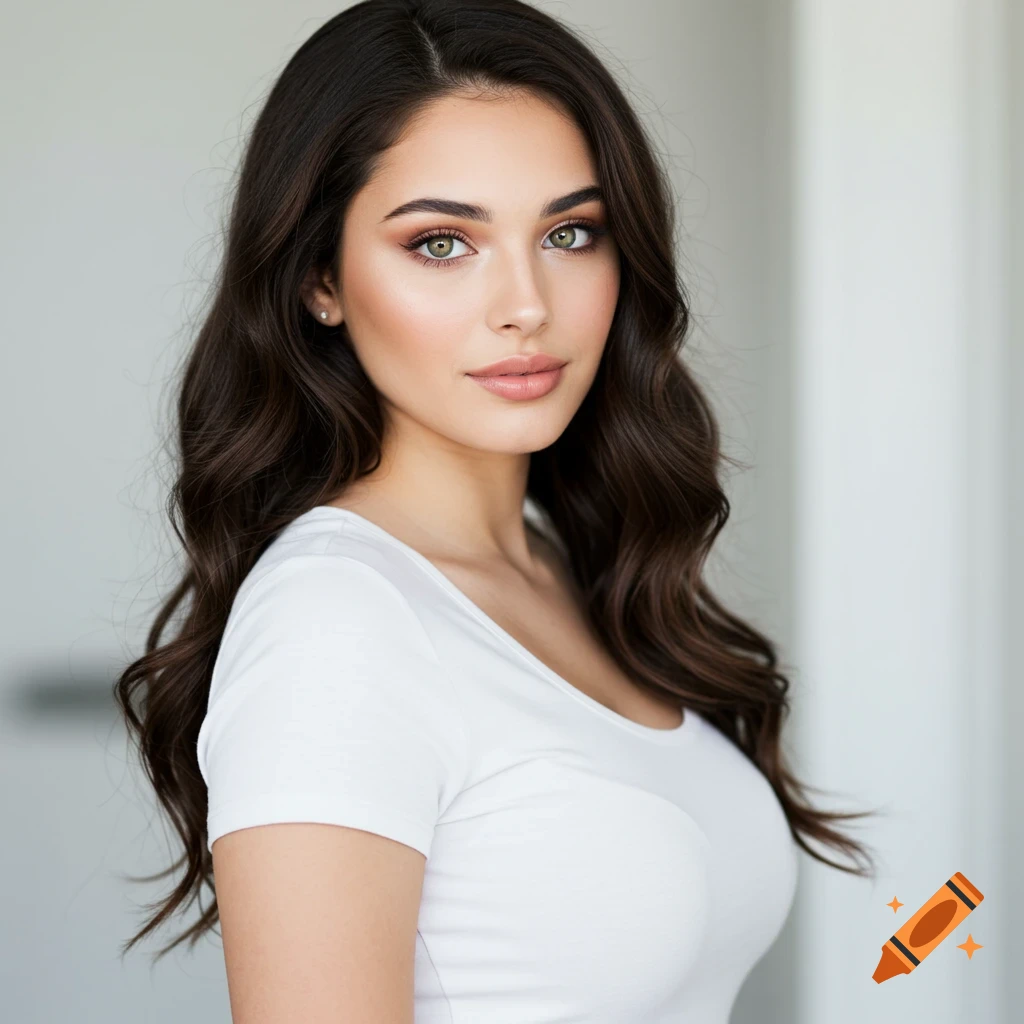 Close-up portrait of a woman with long dark hair and green eyes wearing a white t-shirt
