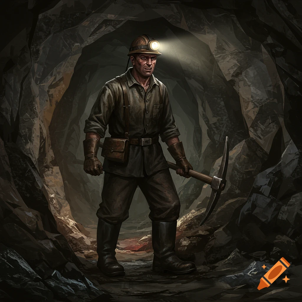 A miner holds a pickaxe in a dark cave, lit by his helmet lamp.