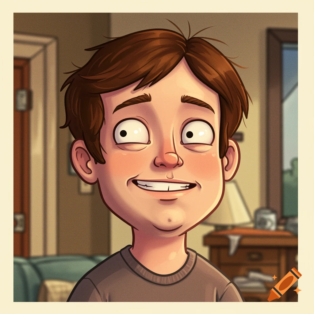 Cartoon portrait of a boy with big eyes and a wide smile in a room.
